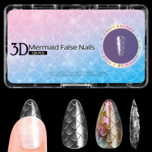 3D Fish Scales Almond Nail Tips Clear Full Cover Acrylic False Nails 12 Sizes for Salon or DIY