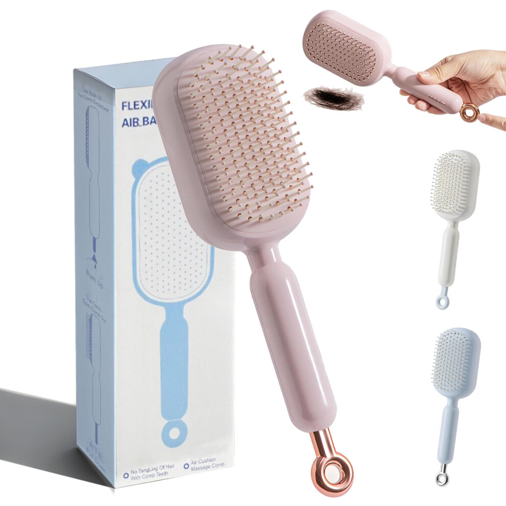 Retractable SelfCleaning Hair Brush with Cushion Massage and AntiStatic Bristles for All Hair Types Pink