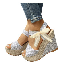 Women's Platform Sandals White Espadrille Wedge Size 8 Open Toe Lace Up Cushioned Footbed