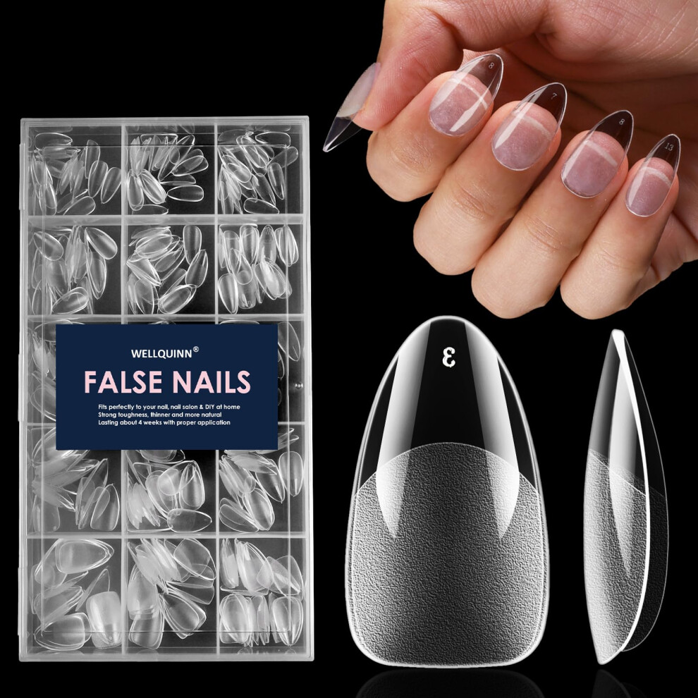 Short Almond Nail Tips Clear Soft Gel Full Cover 300pcs 15 Sizes for Acrylic Nail Extensions