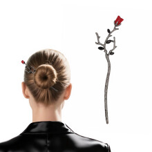 Gothic Rose Hair Stick for Women Vintage Alloy Hair Pin with Red Flower and Black Crystal for Bun Styling