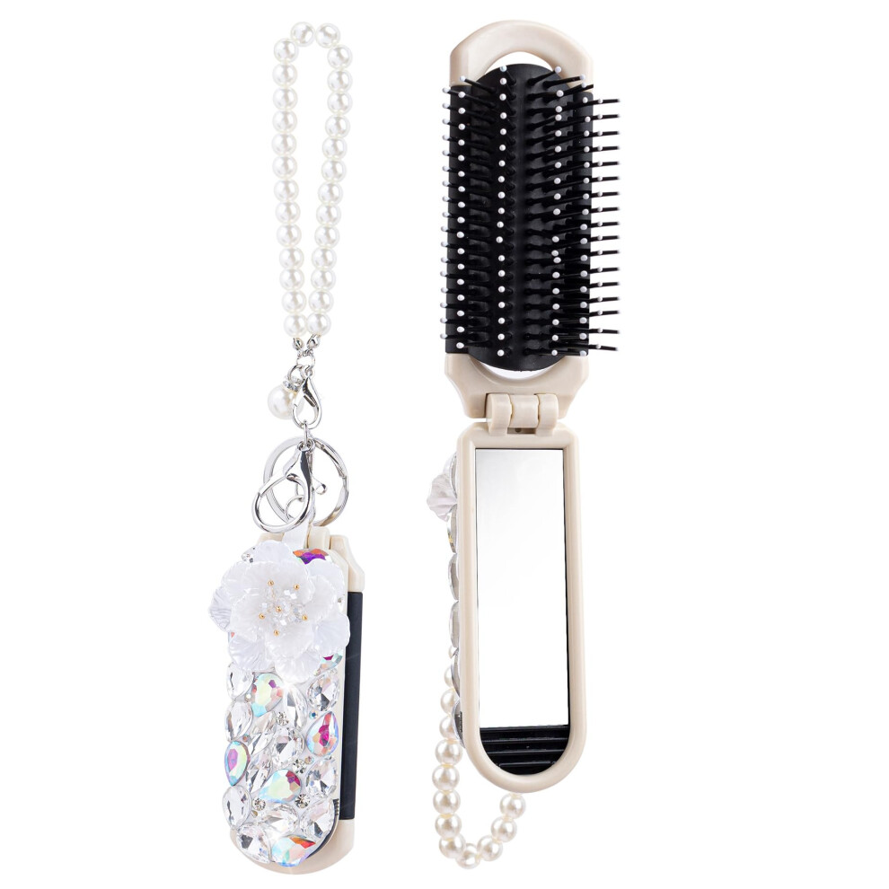 Bling Folding Travel Hair Brush with Mirror, Sparkling Rhinestone Compact Pocket Comb for Women