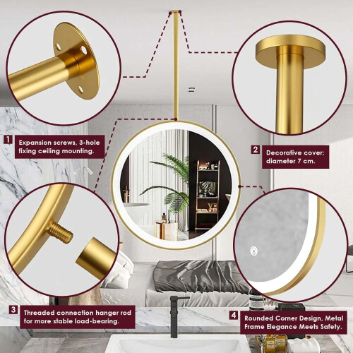 LED Ceiling Mounted Vanity Mirror with Adjustable Brightness, Round Gold Frame, 15.7 Inch 1
