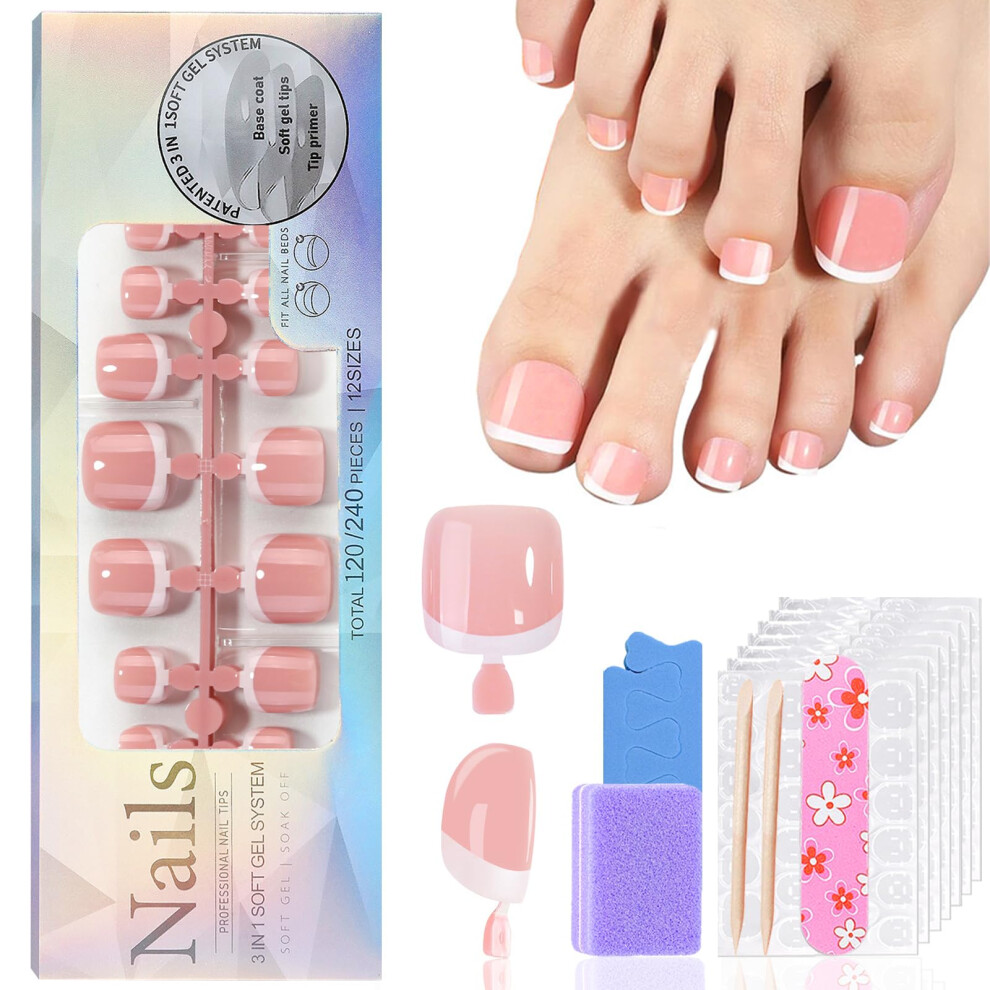 Press on Toenails French Tip Soft Gel Short Toe Nail Tips Kit for Women 120pcs