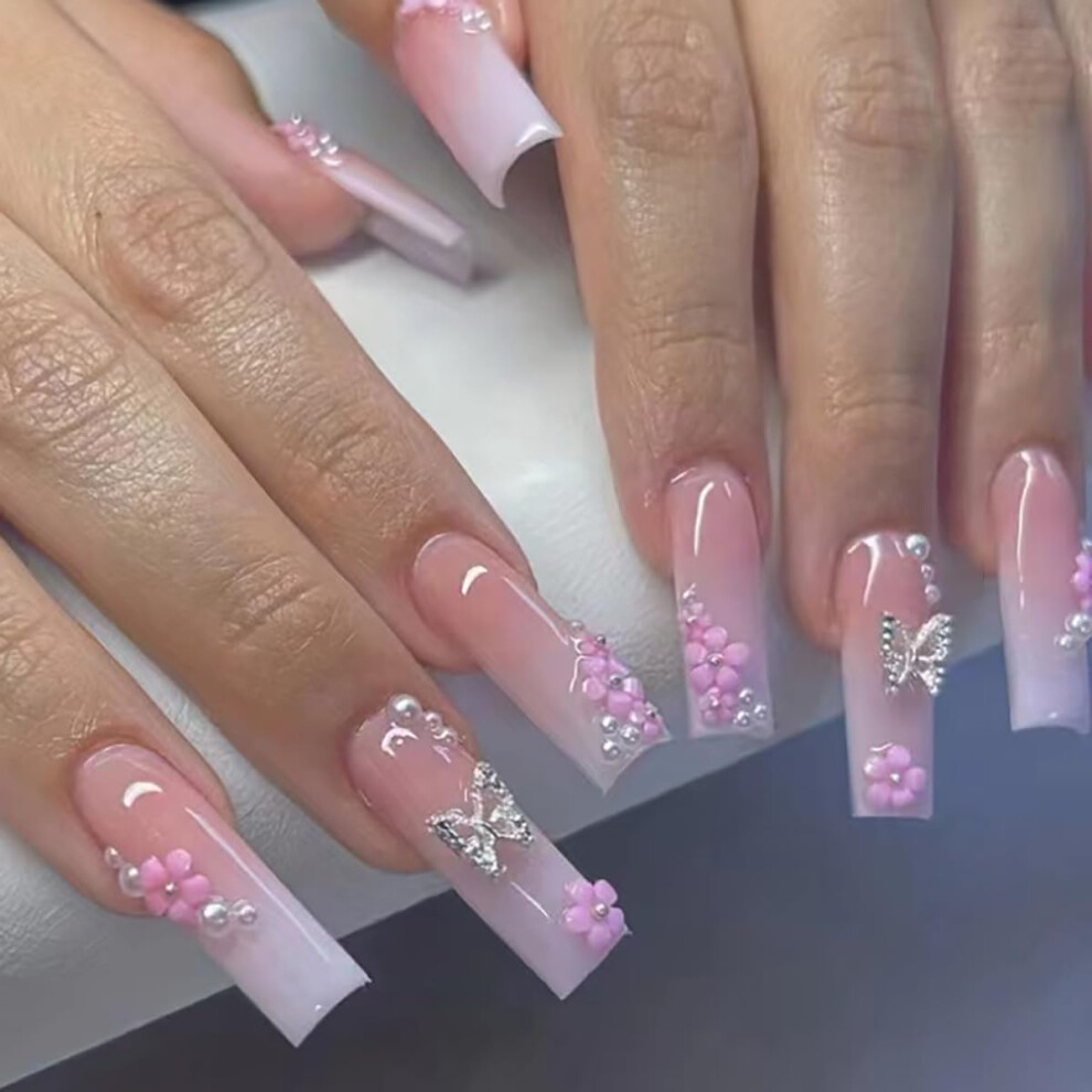 Pink Long Coffin Press On Nails Flower Butterfly 3D Rhinestone 24Pcs Ballerina Acrylic False Tips