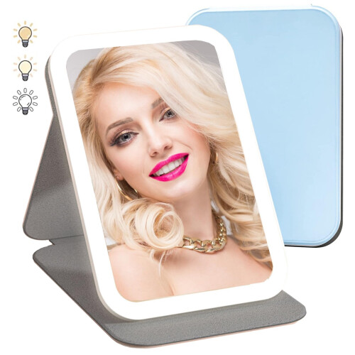 Lighted Makeup Mirror with 58 LED Bright Lighting, 3Color Touch Control, USB Rechargeable, Compact Foldable Blue Design