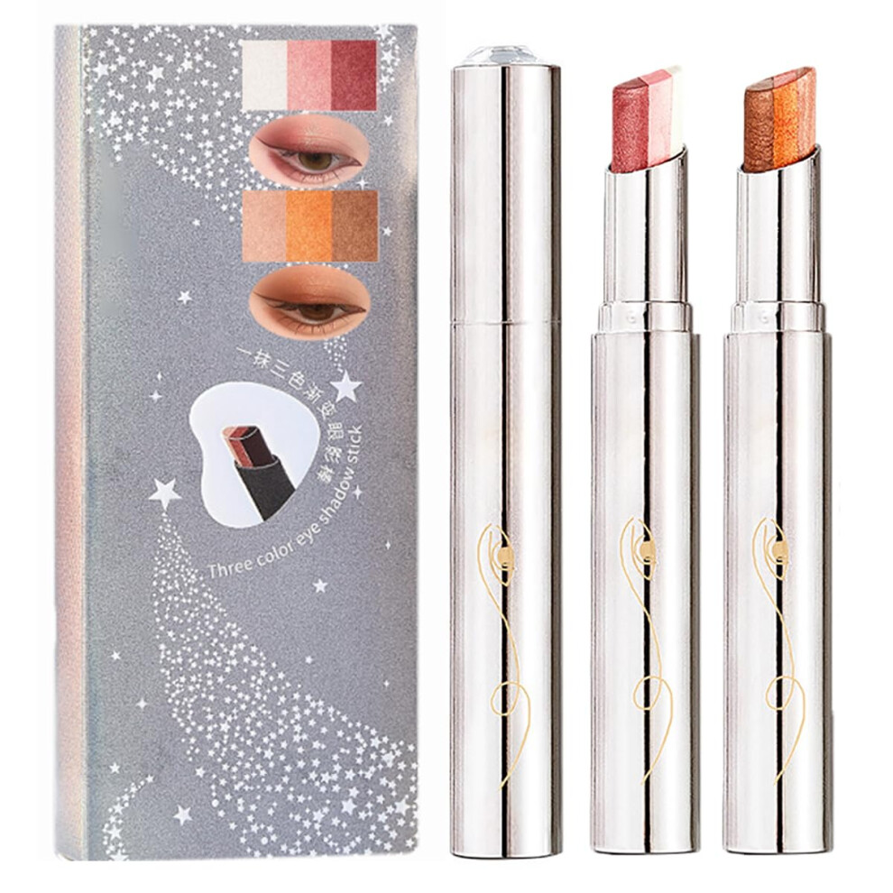Waterproof Eyeshadow Stick with Shimmer, 3in1 Gradient Glitter Pencil, 12H LongLasting (02+04)