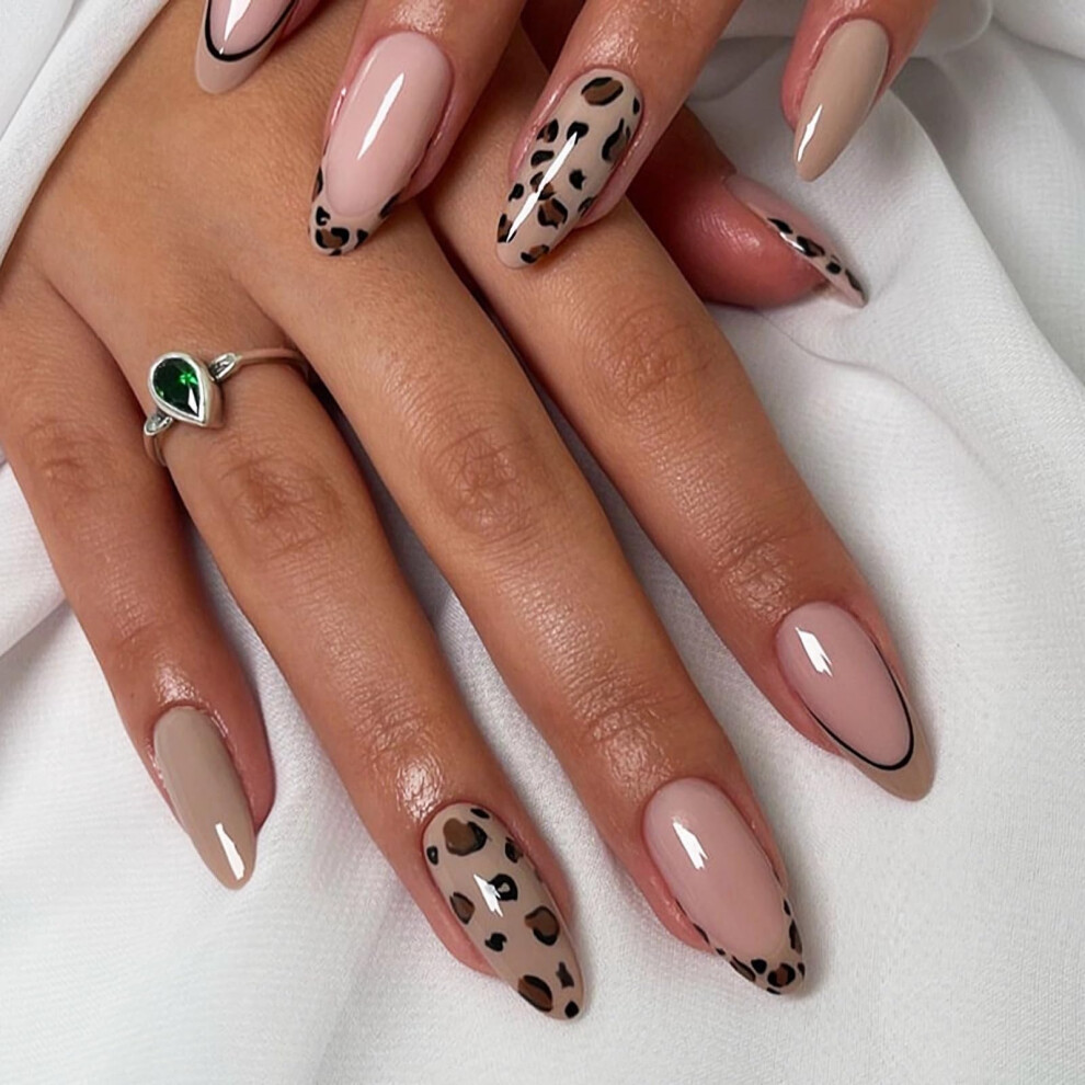 Medium Stiletto Press on Nails Light Brown French Tip Leopard Design Glossy Fake Nails 24pcs
