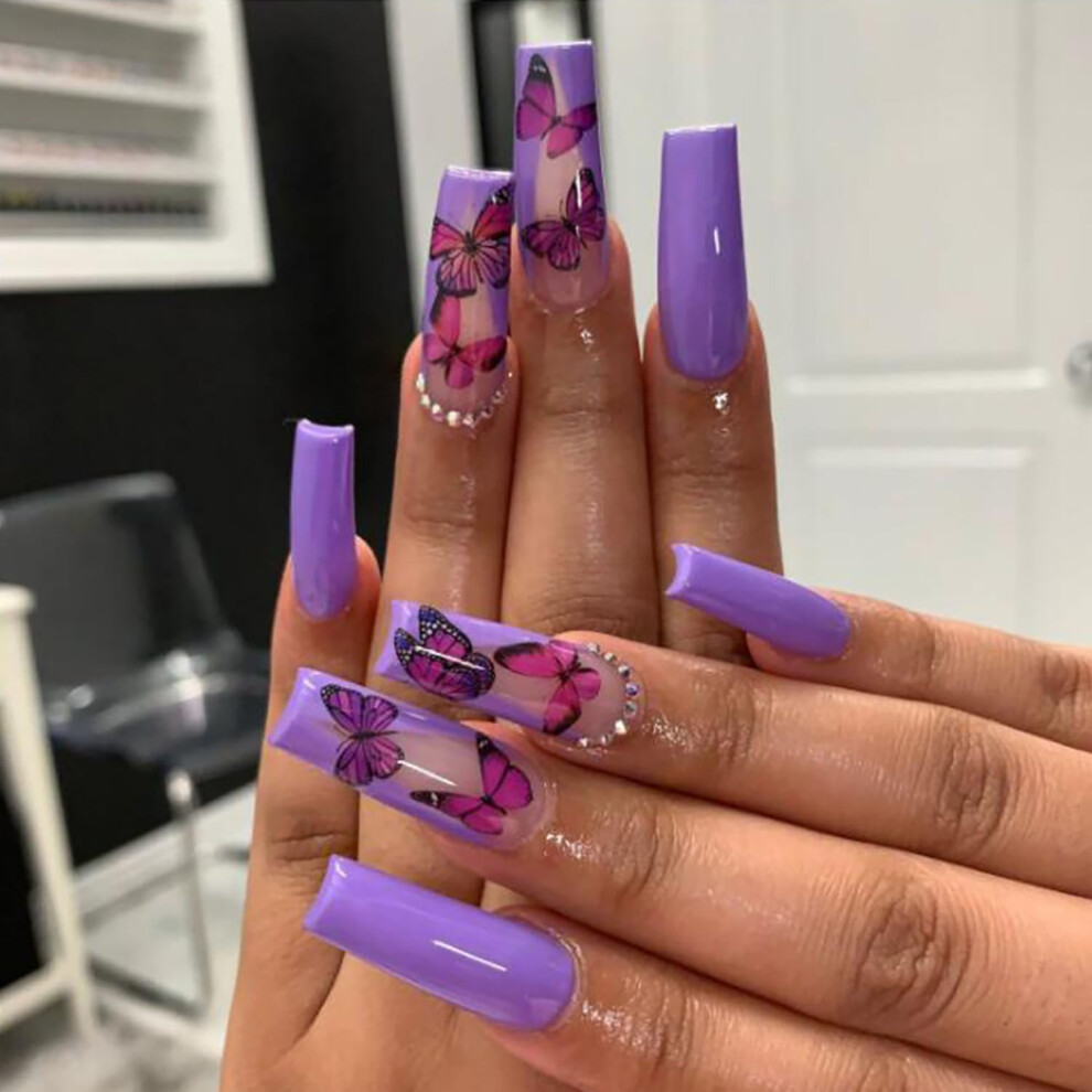 Purple Press On Nails With Rhinestones Butterfly Coffin Fake Nails Long Glossy Set With Glue