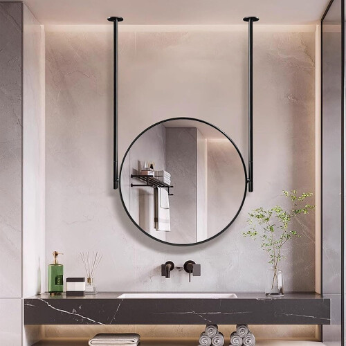 Ceiling Hanging Bathroom Mirror Round Vanity with ExplosionProof Glass Black Frame 15.7'