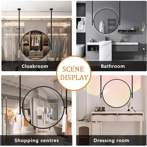 Ceiling Hanging Bathroom Mirror Round Vanity with ExplosionProof Glass Black Frame 15.7' 1