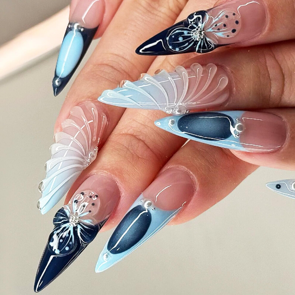 Blue French Tip Press On Nails Long Stiletto Acrylic False Nails with 3D Flowers 24 Pcs