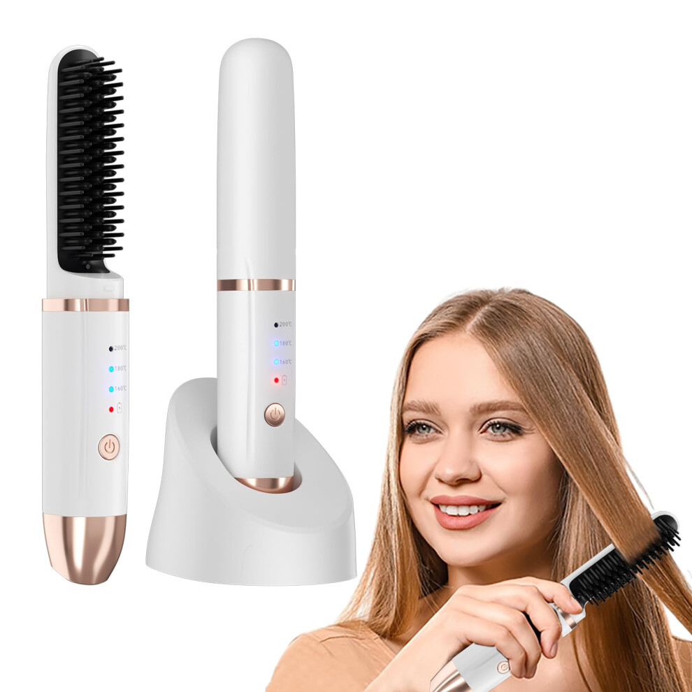 White Cordless Hair Straightener Brush With Ionic Antifrizz, Mini Ceramic Heat Comb For Travel,
