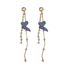 (As show, One size) Silver needles crystal beads butterfly earrings design sense of temperament earrings earrings fairy ear earrings,2024 Ping