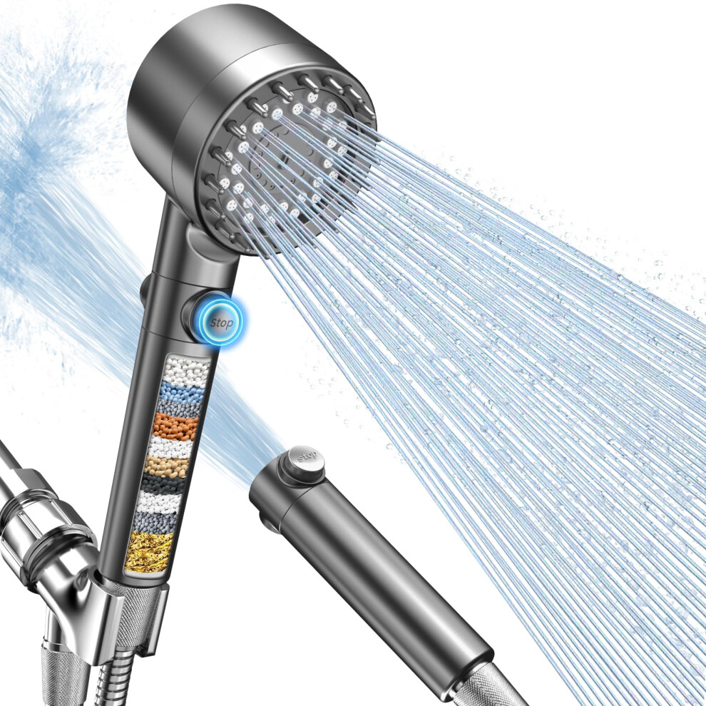 Pressure Filtered Shower Head With Handheld, 4 Spray Modes, Chlorine Removal, On/Off Switch, Gray 9092120614060