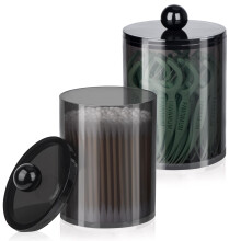 2 Pack Bathroom Canisters with Lids, Clear Plastic Apothecary Jars for Cotton Swabs and Balls, Black 10oz and 12oz