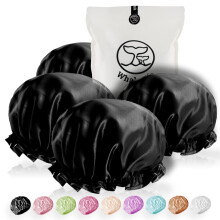 Extra Large Waterproof Shower Cap for Long Hair, Double Layer Satin EVA, Reusable Black 4 Pack