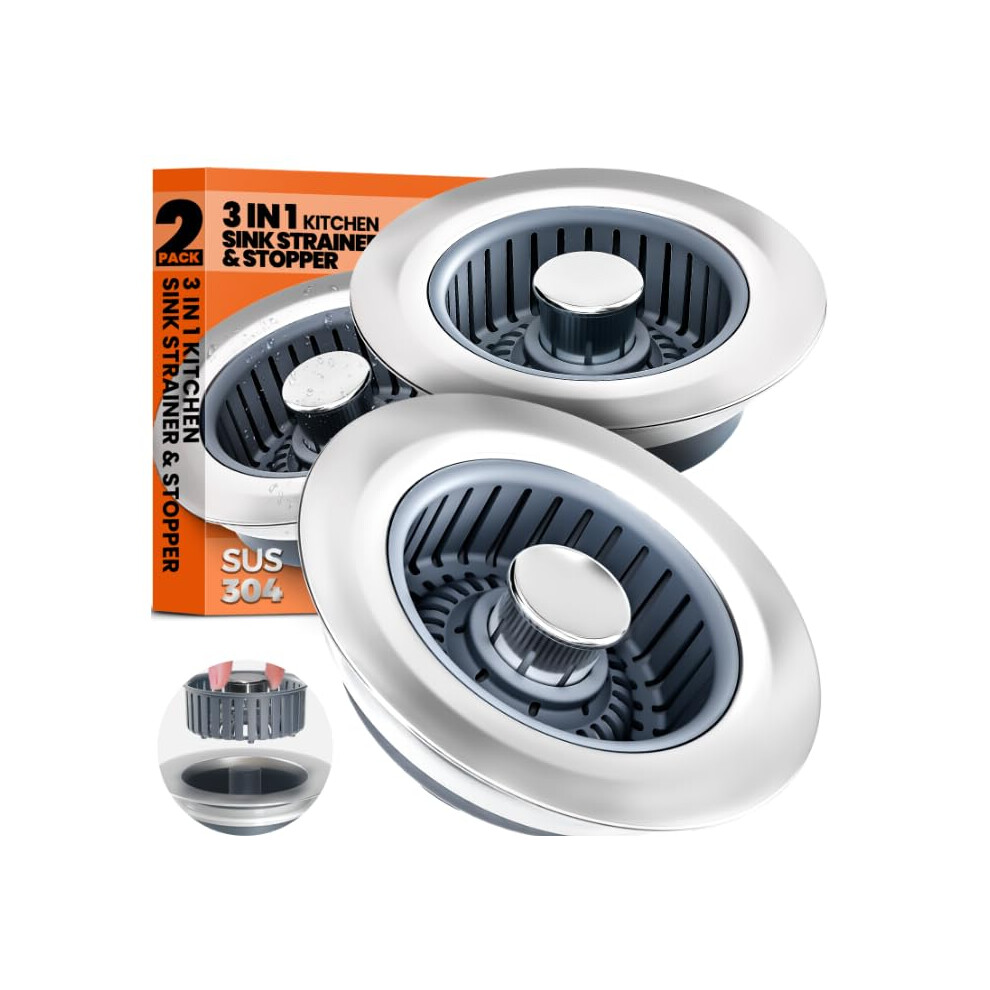 3In1 Stainless Steel Sink Drain Strainer And Stopper With Anticlog Basket, Fits 31/2 Inch Openings, 2 Pack Silver 9455672136815