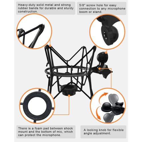 Universal Microphone Shock Mount for Condenser Mics, Adjustable Holder with Noise Reduction, Black 2