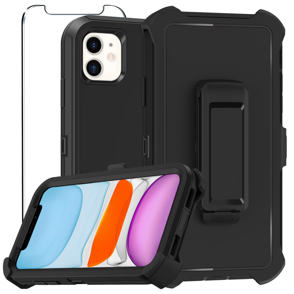 Protective Case With Screen Protector For Iphone 11, Heavy Duty Shockproof Cover With Kickstand And Belt Clip Black 9174973730040