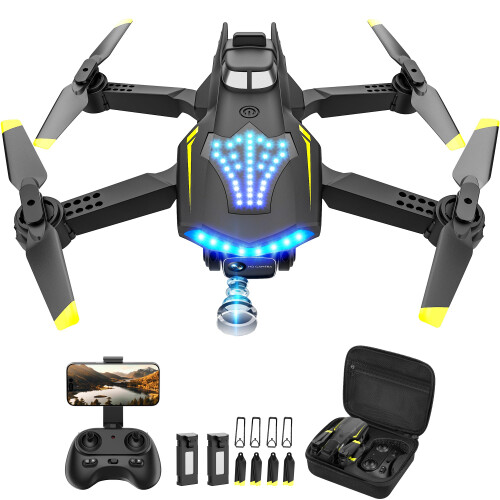 Drone with Camera for Kids, Dual 720P HD, Gesture Control, Lights, Gravity Sensor, 3D Flip, Black