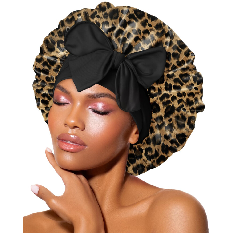 Satin Sleep Bonnet for Curly Hair with Adjustable Tie Band, Large Leopard Silk Hair Cap