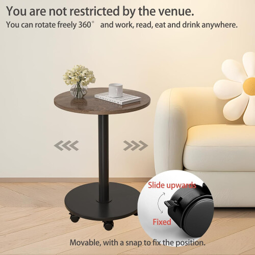 Side Table with Wheels, 360 Rotating Adjustable Height TV Tray for Sofa and Bed, Walnut 1pc 2