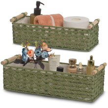 Wicker Storage Basket Set with Handles, Handwoven Paper Rope Organizer for Bathroom and Home, Green