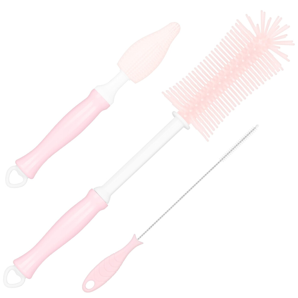 Silicone Baby Bottle Brush Set With Long Handle, Nipple And Straw Cleaner, Deep Reach Cleaning Pink