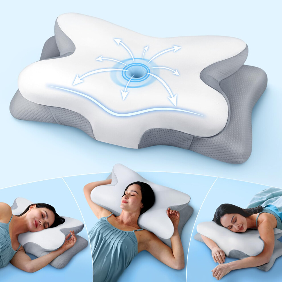White Cervical Pillow With Patented Contour Design, Cooling Memory Foam Neck Support For Side, Back And Stomach Sleepers, Queen