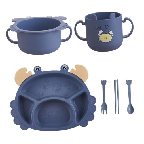 Kids Dinnerware Set with Crab Cup Bowl Divided Plate Fork Spoon Chopsticks, Ergonomic Rounded Edges