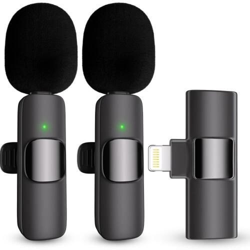 Wireless Lavalier Lapel Microphone for iPhone with AI Noise Reduction, Lightning Port, 2 Pack