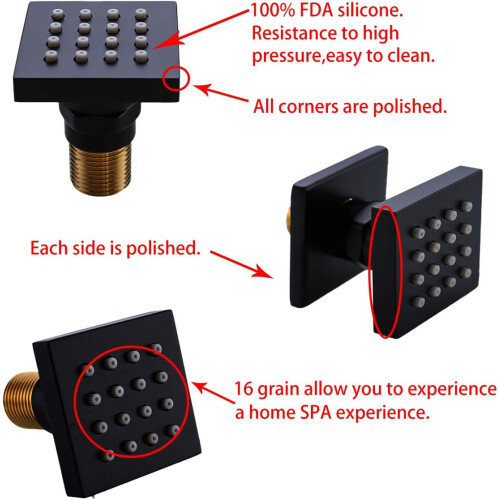 Matte Black Solid Brass Shower Body Jet with Adjustable Square Side Sprayer for Wall Mounted Spa 1