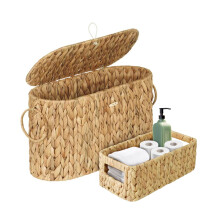 Wicker Storage Basket Set with Lid, Water Hyacinth Bathroom Organizer for Toilet Paper, 2 Pack