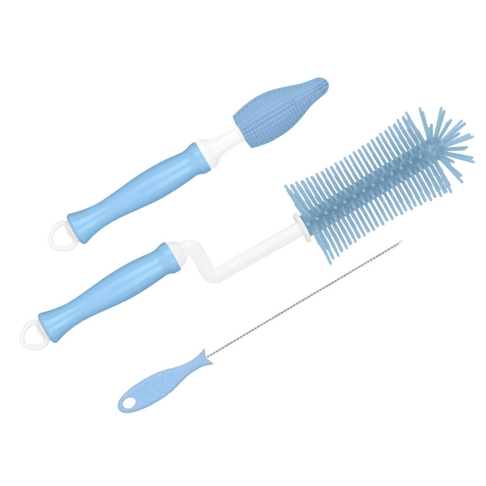 Silicone Baby Bottle Brush Set With 360 Rotating Head, Extra Long Handle, Nipple And Straw Cleaner Blue
