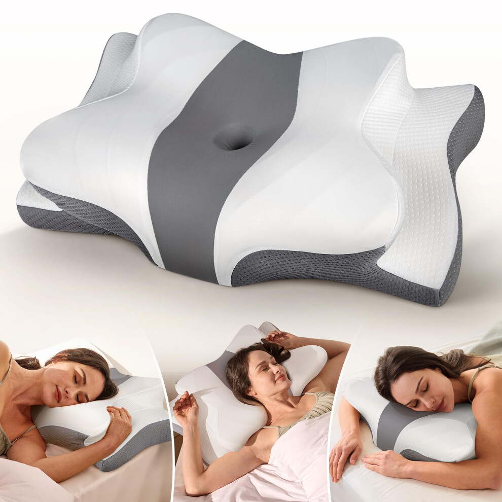 Grey Cooling Cervical Neck Pillow For Pain Relief, Ergonomic Memory Foam Pillow For Side Back Stomach Sleepers, Queen