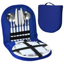 Camping Cutlery Set for 2, Stainless Steel Utensils with Plates and Bag for Outdoor Picnic, Blue