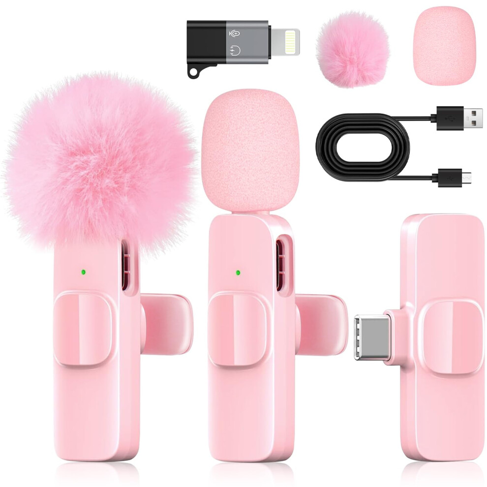 Wireless Lavalier Microphone With Noise Cancellation, Plug And Play, For Iphone Android Youtube Tiktok Pink 9455672141185