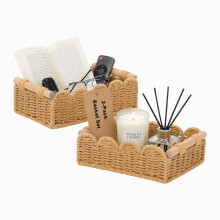 Set of 2 Woven Storage Baskets Handwoven Washi Paper Rope with Scalloped Edges for Bathroom and Home Decor Natural