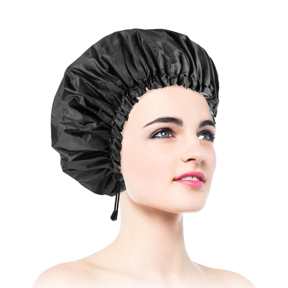 Black Oversized Waterproof Shower Cap For Women, Adjustable Doublelayer Hair Cap, Reusable