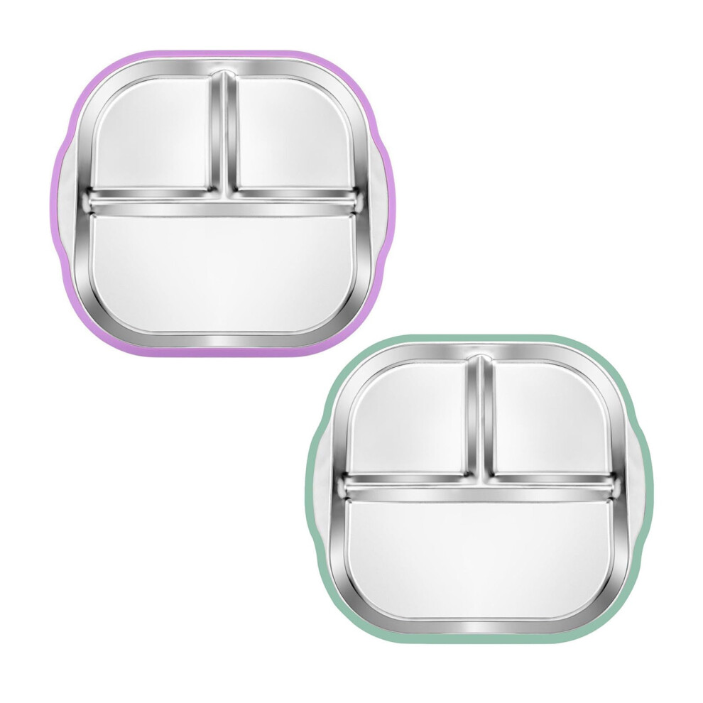 Baby Suction Plate Stainless Steel 2 Pack with NonSlip Base, Divided Compartments, Sky Blue