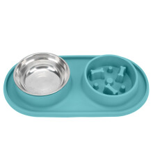 Easy To Clean Double Feeder For Dogs And Cats, Non Skid Spill Proof Design Silicone Base With Premium Stainless Steel Bowls Removable Slow Feeder