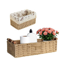Wicker Storage Basket Set with Wooden Handles, Handwoven Paper Rope Bins for Bathroom Kitchen Organizing