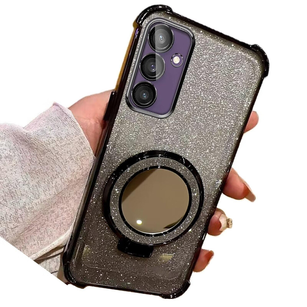 Case For Samsung Galaxy A25 5G Glitter Shockproof Cover With Mirror Kickstand And Tpu Bumper Black 9174973736615