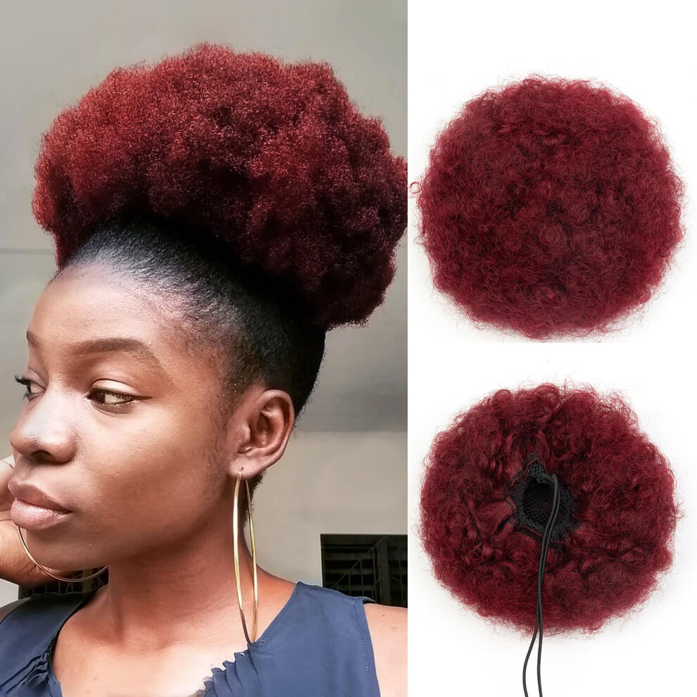 Unisex Red Afro Puff Drawstring Ponytail Human Hair Kinky Curly 8 Inch Burgundy 4C Afro Bun Extension