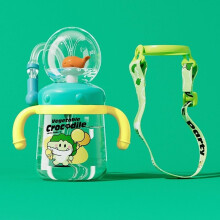 Kids Sippy Cup Whale Fountain Design SpillProof Soft Spout 300ml Glass with Adjustable Strap Green