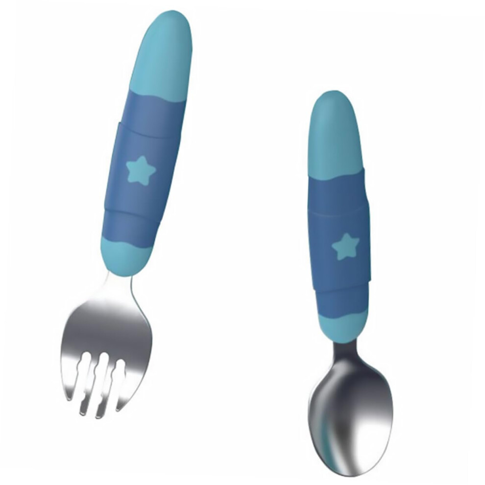 Stainless Steel Toddler Fork And Spoon Set With Ergonomic Comfort Grip And Safe Rounded Edges, Blue