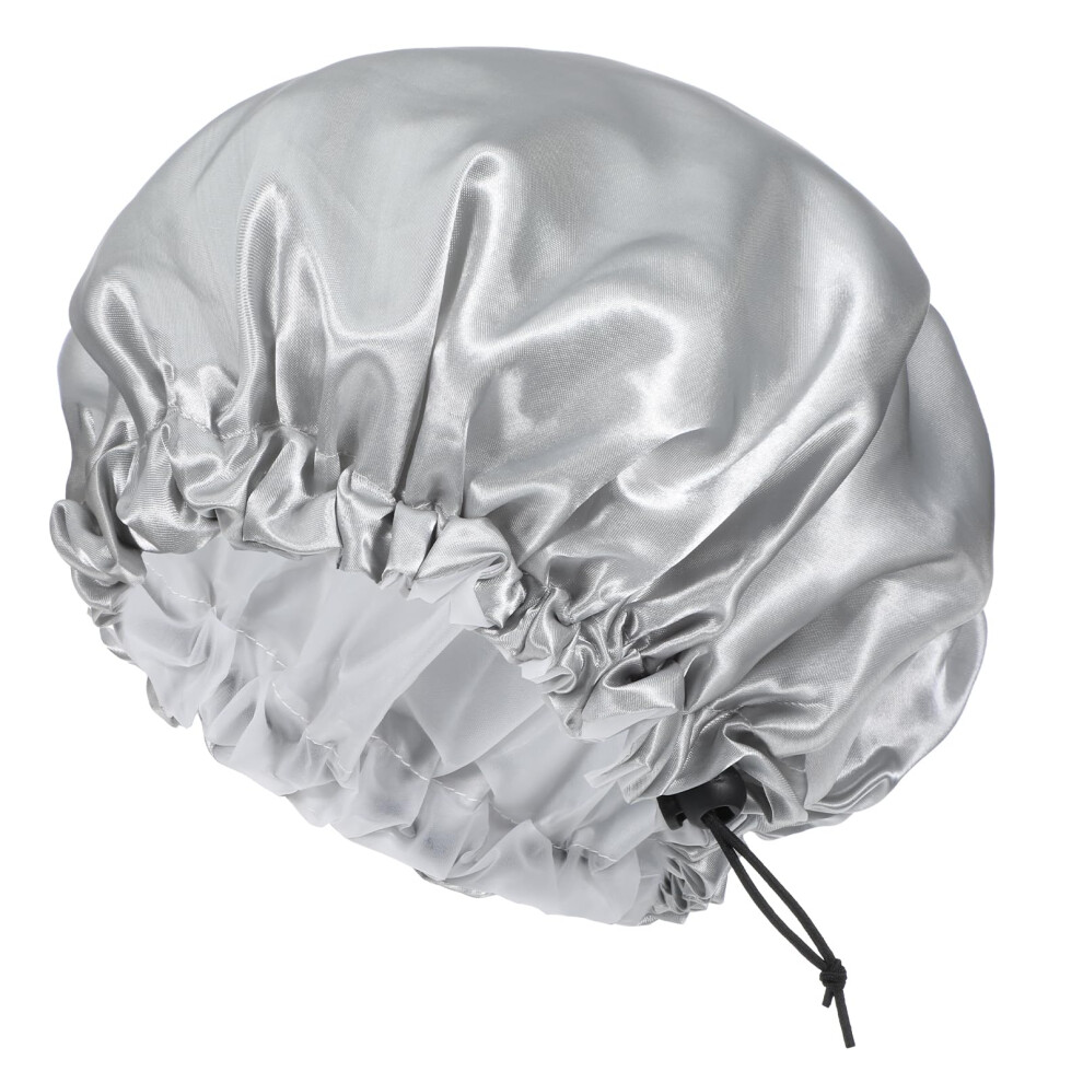 Silver Waterproof Satin Shower Cap For Men With Adjustable Drawstring, Double Layer Bonnet For Curly Hair Braids,