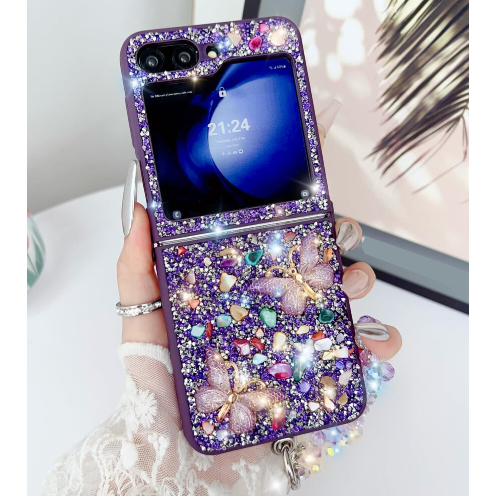 Bling Butterfly Case Glitter Diamond Cover With Crystal Wrist Strap For Samsung Galaxy Z Flip 3 Purple 9053599225683