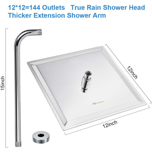 12 Inch Rainfall Shower Head with Extension Arm, Large Square Chrome for Full Body Coverage 2